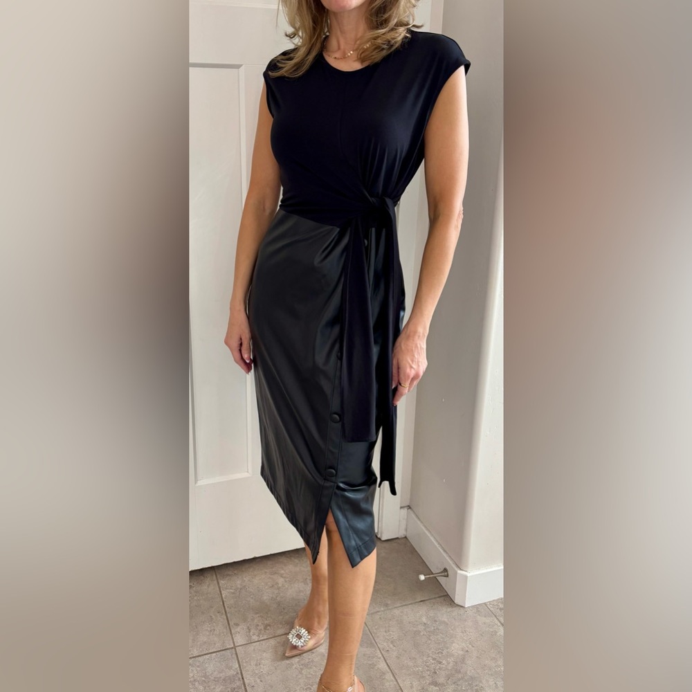 Black Faux Leather Midi Dress with Side Tie